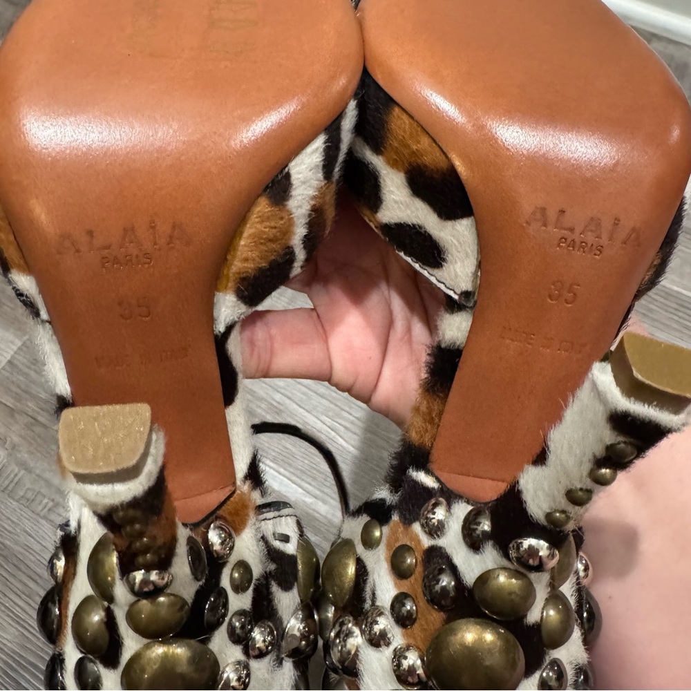 Alaia Leopard Print Pony Hair Studded Point Toe Heels - Picture 10 of 16